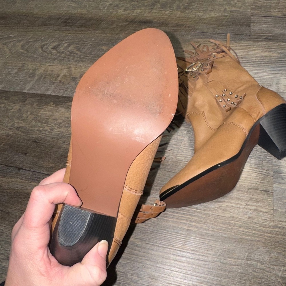 Santa Fe Boot Co Tan Leather Fringe Studded Western Ankle Boots Women 8M SFW502 - Picture 5 of 11